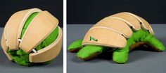 two pictures of a turtle made out of wood and green material, one with a helmet on it's head