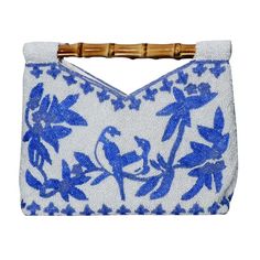 Fully Beaded White With Blue Flower & Bird Design Clutch With Bamboo H Floral Clutches, Unique Purses, Bird Motif, Flower Bird, Beaded Handbag, Bamboo Handles, Travel Wardrobe, Purse Accessories, Bags Travel