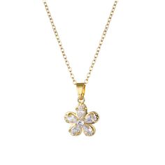 Elevate your accessory collection with this necklace that features a floral pendant embellished by shimmering crystal. Necklace : 15.75" L with 1.96" extender Pendant : 0.51" W x 0.51" H Lobster claw clasp 18k gold-plated copper / cubic zirconia / crystal Floral Pendant Necklace, Floral Pendant, Lobster Claw, Crystal Necklace, Cubic Zirconia, 18k Gold, Copper, Plating, Pendant Necklace