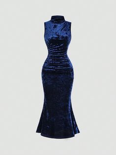 Elegant Solid Color Velvet High Neck Ruffle Bodycon Midi Dress For Women, All Season For Holiday Party Clothes Maxi Women Outfit Navy Blue Elegant  Sleeveless Velvet Plain Bodycon High Stretch  Women Clothing, size features are:Bust: ,Length: ,Sleeve Length: Navy Blue Midi Dresses, Dark Royal Blue Dress, Blue Frock, Ruffle Bodycon, Midi Dress For Women, Split Hem Dress, Outfit References, Royal Blue Dress, Party Clothes