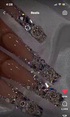 New Years Long Nails, New Years Bling Nails, Bling Nails Black, Wedding Nails Design Bling, Long Nail Ideas With Diamonds, Iced Out Nails, Long Diamond Nails, Silver Glam Nails, Bedazzled Acrylic Nails