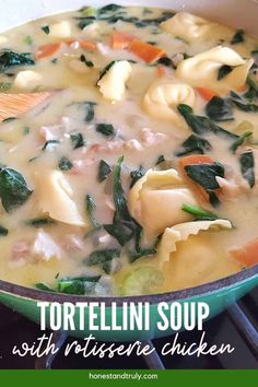 tortellini soup with rotissene chicken in a pot