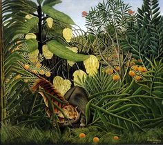 a tiger in the jungle surrounded by plants and orange flowers, with another animal looking at it