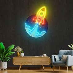 a living room with a neon sign that says space shuttle on it's side