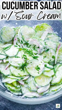 Cucumber salad with sour cream in glass mixing bowl. Title: Cucumber Salad with Sour Cream. Easy Creamy Cucumber Salad, Salad With Sour Cream, Picnic Salad, Crab Salad Recipe, Cucumber Slices, Fresh Cucumber, Creamy Cucumber Salad, Cucumbers And Onions, Creamy Cucumbers