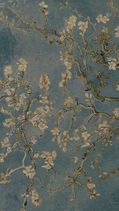 an artistic painting with white flowers on blue background