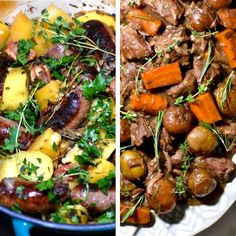 two pictures side by side one with meat, the other with potatoes and carrots