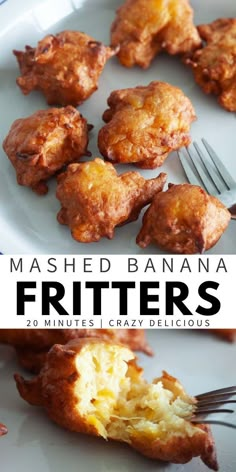 mashed banana fritters on a white plate with a fork in the middle