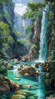 a painting of a waterfall in the middle of a forest filled with rocks and plants