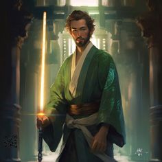 a man in a green robe holding a light saber