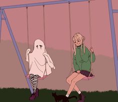 a woman sitting on a swing next to a black cat and ghost in the background