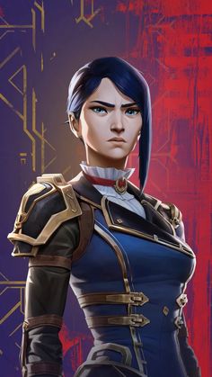 a woman with blue hair wearing armor and standing in front of a red background,