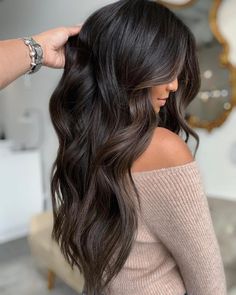 Black Hair with Brown Money Piece Dark Smokey Brown Hair, Money Piece With Dark Hair, Black Hair With Brown Money Piece, Dark Brown Hair With Money Piece, Dark Black Hair, Purple Hair Highlights, Long Hair Highlights, Plum Hair, Dark Brunette Hair