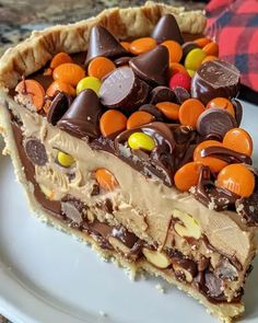 a piece of chocolate candy pie on a plate