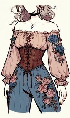 a drawing of a woman wearing a corset with flowers on it's chest