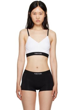 TOM FORD: White Signature Bra | SSENSE Athleisure Camisole Sports Bra, Medium Support Summer Bra, White Spaghetti Straps Sports Bra, Summer Sports Bra With Minimal Stretch, Seamless Sports Bra With Elastane, Loungewear Triangle Top Sports Bra, White Compressive Bra, White Compressive Fit Bra, Compressive White Bra