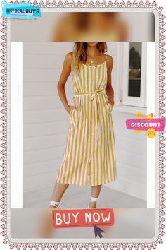 Women's Casual Dress Shift Dress Tank Dress Stripe Button Pocket Strap Midi Dress Fashion Streetwear Outdoor Daily Sleeveless Regular Fit Black Yellow Red Spring Summer S M L Xl Fashion Streetwear, Dress Fashion, Women's Casual, Tank Dress, Striped Dress, Black N Yellow, Casual Dresses For Women, Streetwear Fashion, Shift Dress