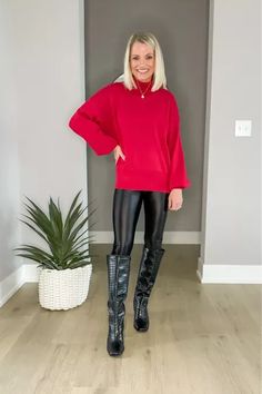 Red sweater with leggings and tall boots is the perfect comfy, but stylish holiday outfit! Sweater With Leggings, Faux Leather Leggings Outfit, Leather Leggings Outfit, Outfit Holiday, Leggings Outfit, Holiday Outfit, Red Sweater, Faux Leather Leggings, Leather Leggings