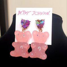 Betsey Johnson Pink Gummy Bear Heart Earrings Measures Approximately 3” Long Width: 0.5" Material: Resin, Metal, Rhinestone Unicorn Earrings, Beautiful Crafts, Bee Studs, Nostalgic Images, Betsey Johnson Earrings, Red Jewel, Flower Skull, Gummy Bear, Betsey Johnson Jewelry