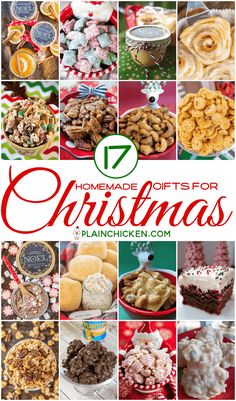 twelve homemade gifts for christmas including cookies, pies and desserts with text overlay that reads 17 homemade gifts for christmas