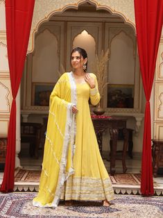 Yellow Round Neck Full Sleeves Gota Lace Georgette Anarkali with Bottom and Gota Detail and Fringes Georgette Dupatta - Mahukaa Yellow Anarkali, Georgette Anarkali, Georgette Dupatta, Sharara Set, Anarkali Suits, India Fashion, Full Sleeves, Anarkali