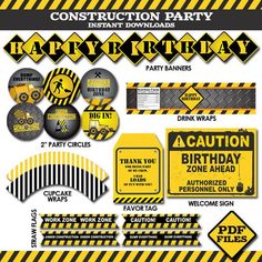 construction party kit with caution signs, stickers and other items to make it look like the