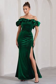 A fine trim of voluminous ruffles makes this short-sleeved maxi dress truly unforgettable. Perfect for bridesmaids or an upcoming birthday, our Esmeralda boasts a bardot silhouette made from luxurious green velvet with darts to define your waistline. More darts shape a floor-sweeping skirt which also features a striking side split. Features - Premium stretch velvet- Puff bardot sleeves- Shaping waist darts- Boned bodice- Concealed grip tape- Hook & zip closure- Leg split- Maxi length Sizing & Fit Model is 5'7" and wears UK size 8 / US size 4 Product Information Designed exclusively by Club L London Fully lined with some stretch Premium velvet in Bottle Green (88% Polyester, 12% Elastane) 157cm total length SKU: CL128794047 Midi Bridesmaid Dress, Velvet Prom Dress, Ruched Maxi Dress, Green Velvet Dress, Black Tie Gala, Short Sleeve Maxi Dresses, Chiffon Maxi, Bottle Green, Chiffon Maxi Dress