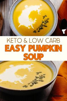 two bowls of keto and low carb easy pumpkin soup on a wooden table