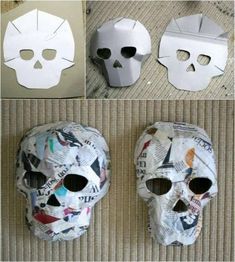 four different images of paper mache skulls with faces cut out and placed on the floor