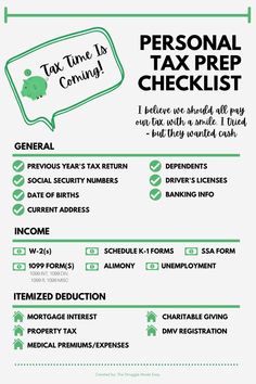 a green and white tax checklist with the words tax written in black on it