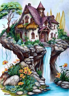 a painting of a house on top of a cliff next to a waterfall and flowers