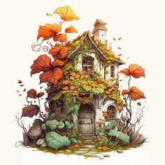 a house with lots of leaves on the roof and flowers growing out of it's windows