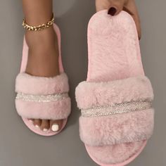 Brand New Pearl Slippers, Fuzzy Sandals, Fur Loafers, Bride Slippers, Fluffy Shoes, Mode Rose, Wedding Slippers, Pretty Shoes Sneakers, Diamond Decorations