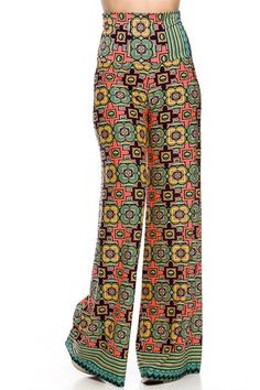 Uptown Fabulous stretchy high waist fold over waistband loose palazzo pants. Mod bold bright neon color print, tiles print. Tall inseam 33". Color: Neon Coral Sizes: S-M-L unfinished hem can be cut without unraveling Waist S 26-30, M 28-32, L 30-34, inseam 33", recommend for tall or with high heels 92% Polyester, 8% Spandex, Made in USA E1/B119A Luxury Multicolor Floral Print Palazzo Set, Luxury Multicolor Palazzo Set For Summer, Luxury Multicolor Stretch Bottoms, Luxury Multicolor Bottoms For Loungewear, Luxury Multicolor Wide Leg Pants For Spring, Luxury Multicolor Wide Leg Pants For Summer, Luxury Multicolor Spring Pants, Luxury Multicolor Floor-length Palazzo Set, Luxury Multicolor Pants For Vacation