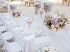 two pictures of tables set up with flowers in vases and plates on the table