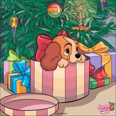 a cartoon dog peeking out from inside a gift box with presents under the christmas tree