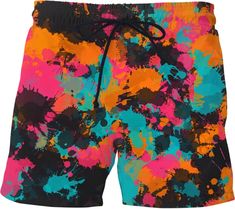 Fiesta Colors Paint Splatter Swim Shorts – BigTexFunkadelic Multicolor Paint Splatter Bottoms For Spring, Spring Multicolor Paint Splatter Bottoms, Casual Paint Splatter Bottoms For Summer, Fiesta Colors, Be Design, Teal Orange, Orange And Pink, White Mesh, Paint Splatter