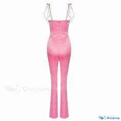 Orcajump - Exquisite Satin Jumpsuit with Luxurious Rhinestone Strap and Split Front Bustier - Pink Elegant Fitted Jumpsuit With Rhinestones, Satin Jumpsuit, Split, Jumpsuit, Satin, Pink