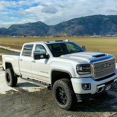 a white truck parked on top of a dirt road next to a green field with mountains in the background