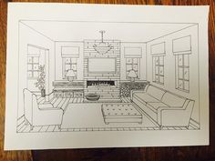 a drawing of a living room with two couches and a fireplace in the center