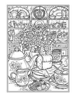 a black and white drawing of a table with teapots, plates and flowers