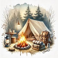 a drawing of a campfire with a tent in the background and camping items around it