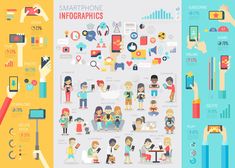 info board with people using smartphones and other electronic devices, flat design style illustration