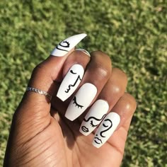 Abstract Nails, Ten Nails, Cute Acrylic Nail Designs, White Nail, Black Nail, Coffin Nails Designs