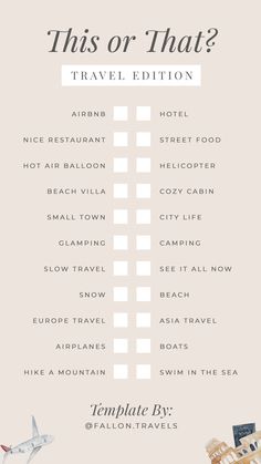 a travel checklist with an airplane flying over it and the words, this or that?