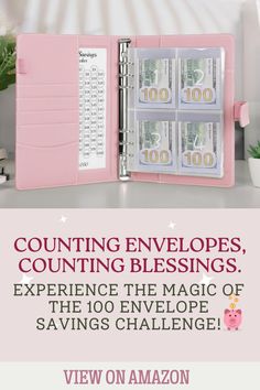 an open pink wallet with money in it and the words counting envelopes, counting blessing