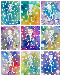 four different pictures of skeletons in different colors and sizes, with dots on the background