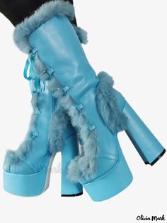 Olivia Mark - Womens PU Leather Mid-Calf Boots with Round Toe, Platform, and Chunky Heel Blue Gogo Boots, Costume Africain, Platform Boots Women, Womens Tweed Jacket, Chunky Heel Booties, Winter Ideas, Cyan Blue, Chunky Heels Boots, Platform Heels Chunky