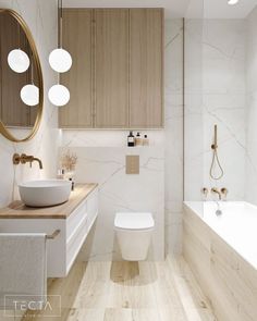 a bathroom with white walls and wood flooring next to a bathtub, toilet and sink