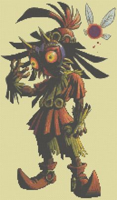 a cross stitch pattern with an image of a person wearing a costume and holding a bird